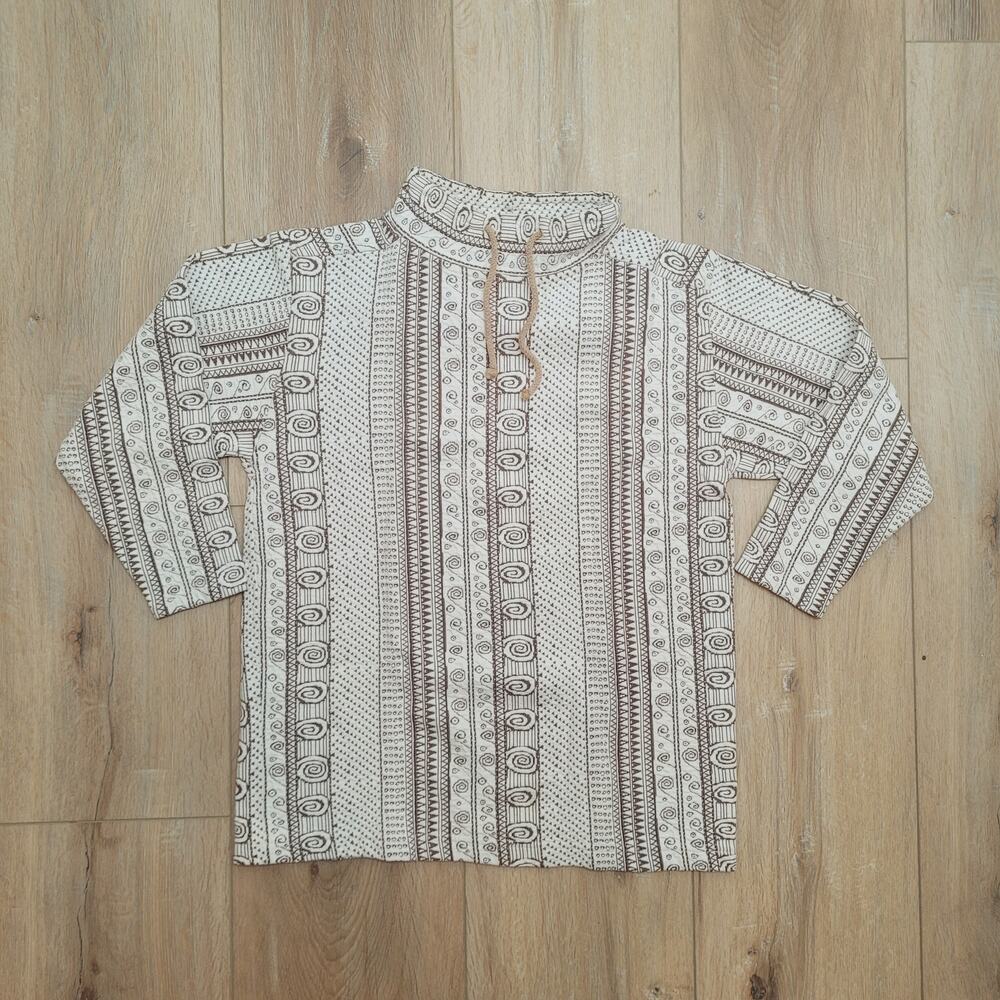 VTG 70s Ethnic Geometric Print Tunic Top Fits Mens S / Womens M Funnel Neck Boho
